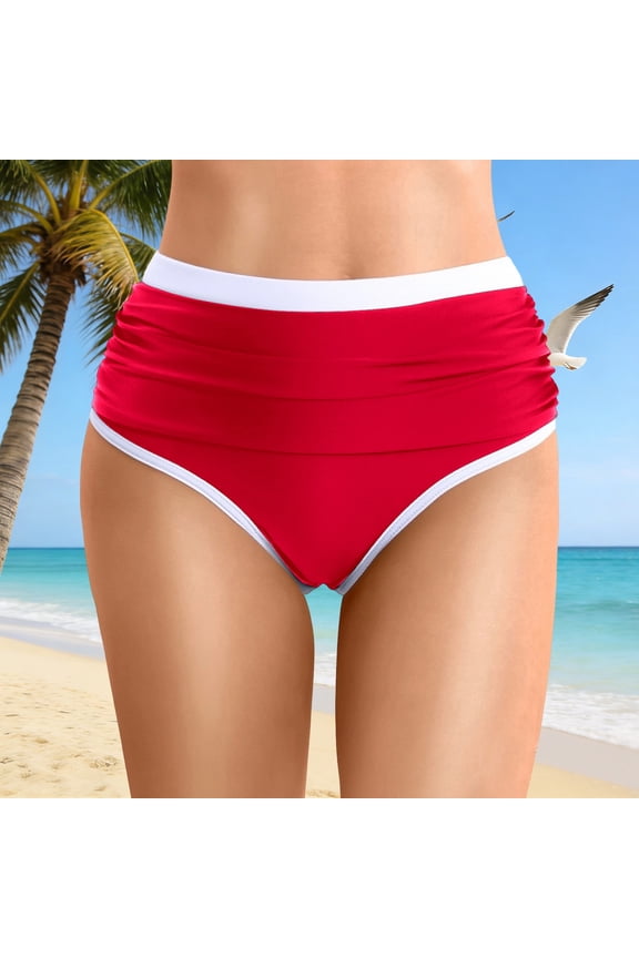 Women Bikini Bottoms Solid Color High Waisted Tummy Control Swimsuit Lightweight Ruched Scrunch Swim Bottom Red XXL