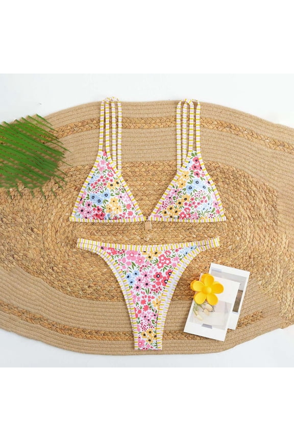 Women Bikini Sets High Waisted Swimsuit Two Piece Floral Print V Neck Twist Front Bathing Suit Loose Swimwear Summer Outfits Clothes Light Yellow XS
