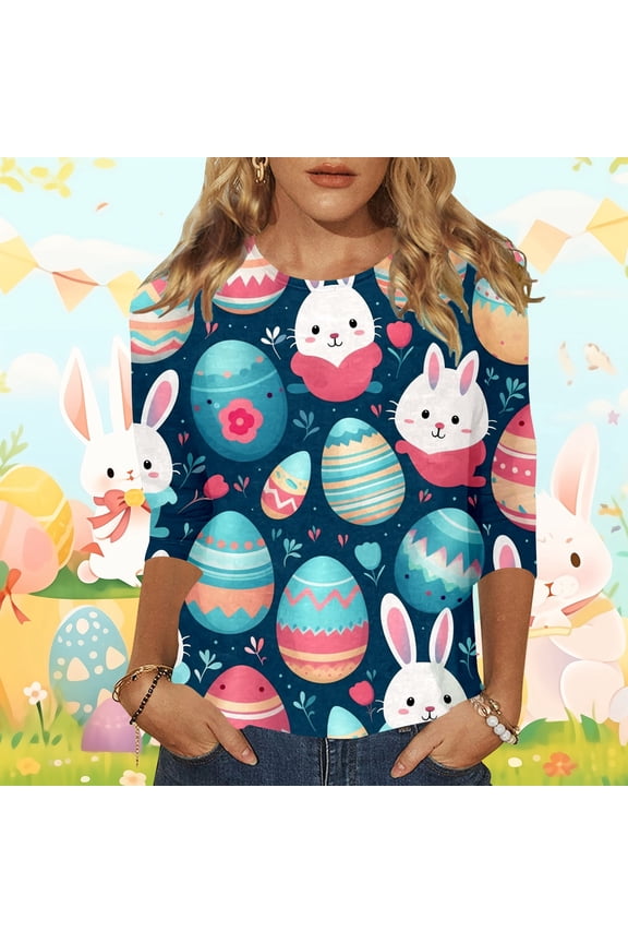 Women Easter Shirts Rabbit Print Crew Neck 3/4 Sleeve T-Shirt Cute Comfy Soft Tunic Tops Vacation Clothes Navy L