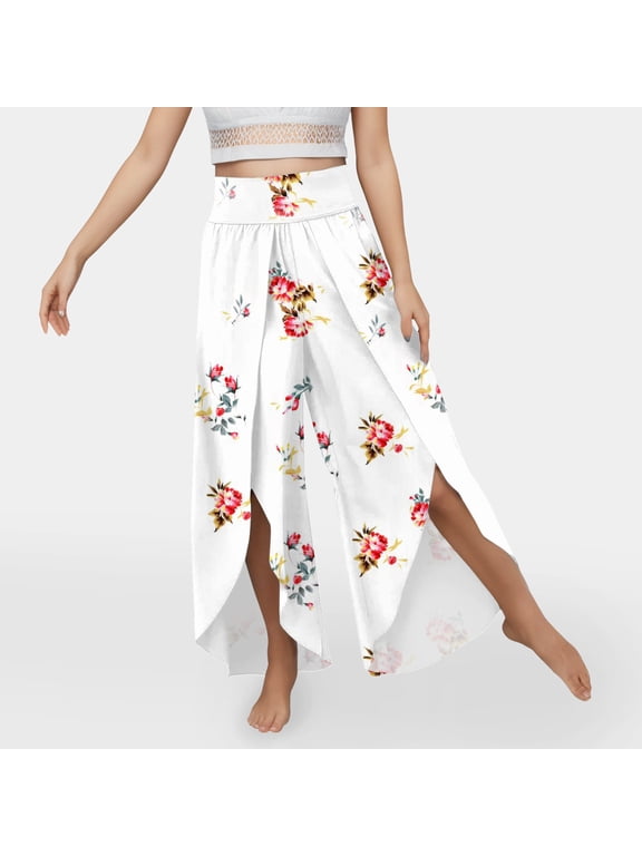 Women Floral High Waist Split Wide Leg Palazzo Pants Bohemian Loose Trousers White L