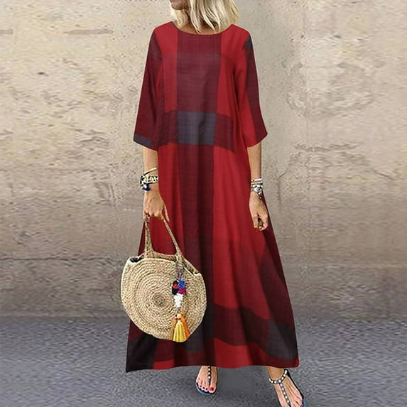 Conairie Women Flowy Dresses Solid Color Crew Neck Loose Elegant Long Sleeve A-Line Dress Soft Lounge Long formal Dresses Red XXL