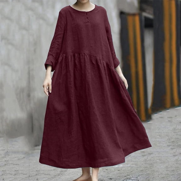 Conairie Women Flowy Dresses Solid Color Crew Neck Loose Stretch Casual Long Sleeve Dress Comfort Vocation Boho Swing Dress Red L