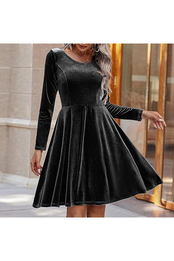 Women Flowy Dresses Solid Color Crew Neck Loose Stretch Fashion Long Sleeve Dress Comfort Wedding Guest formal Dresses Black S