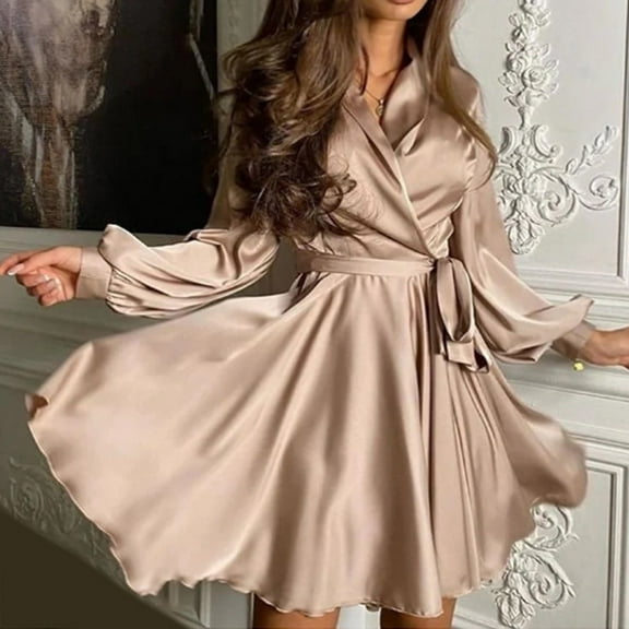 Conairie Women Flowy Dresses Solid Color V Neck Loose Elegant Long Sleeve Dress Wedding Guest formal Dresses Beige M