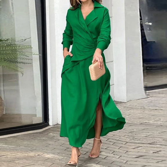 Conairie Women Flowy Dresses Solid Color V Neck Loose Fashion Long Sleeve Dress Lightweight Spring Fall Swing Dress Green L