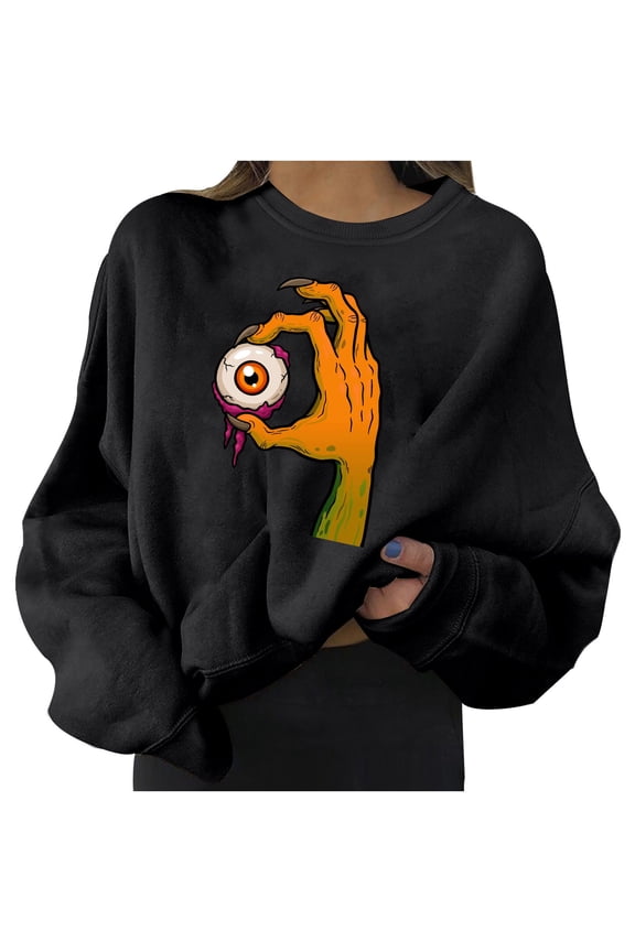 Women Halloween Sweatshirts Crewneck Ghost Pumpkin Print Loose Cozy Sweater Spooky Season Long Sleeve Y2K Outfits Winter Pullover Tops Black S