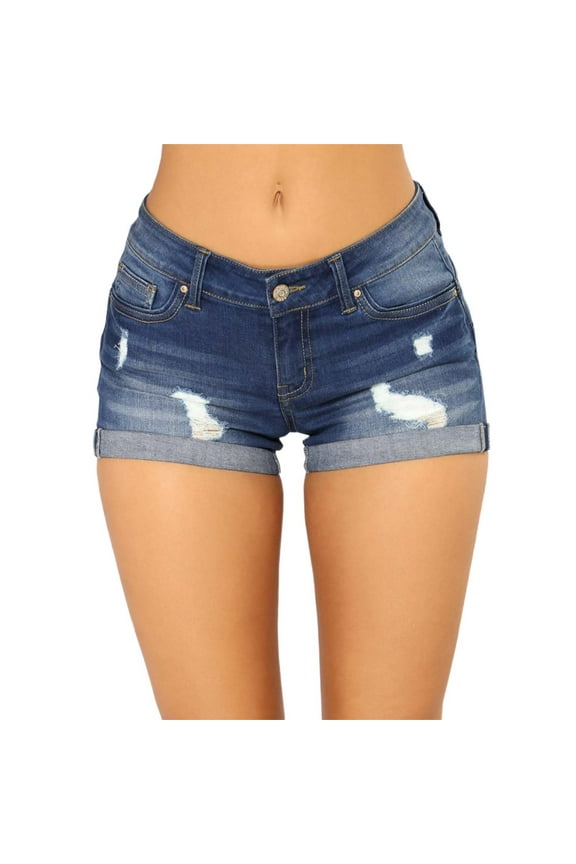 Women Jean Shorts Slim Ripped Elastic High Waisted Denim Shorts Comfort Vintage Washed Summer Trousers with Pockets Dark Blue L