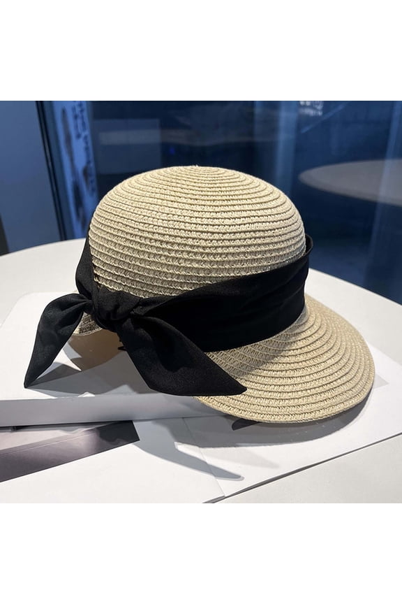 Women Large Wide Brim Braided Straw Hat with Ribbon Bow Breathable Sun Protection Roll Up Summer Beach Cap Beige