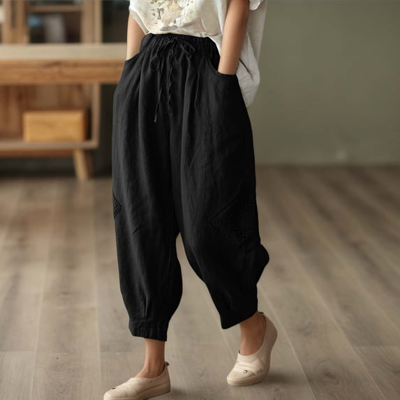 Conairie Women Linen Pants Straight Leg Elastic Waisted Casual Harem Pants With Drawstring Vacation Palazzo Trousers Outfits With Pockets Black L