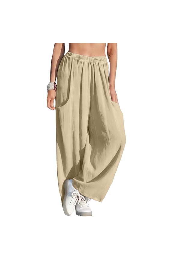 Women Linen Pants Wide Leg Elastic Waisted Casual Palazzo Pants Solid Relaxed Fit Summer Beach Pants With Pockets Beige L
