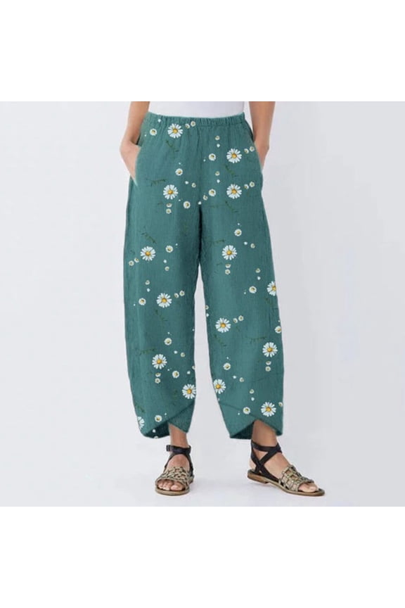 Women Linen Pants Wide Leg Elastic Waisted Casual Palazzo Trousers Polka Dot Print Relaxed Fit Summer Beach Pants With Pockets Green L