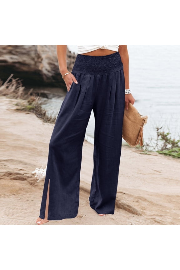 Women Linen Pants Wide Leg Elastic Waisted Casual Palazzo Trousers Solid Relaxed Fit Summer Beach Pants With Pockets Dark Blue L