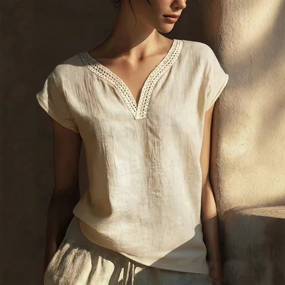 Conairie Women Linen Shirts Regular Fit Short Sleeve V Neck Solid Shirt Comfortable Soft Basic Work Tee Vacation Clothes Beige L