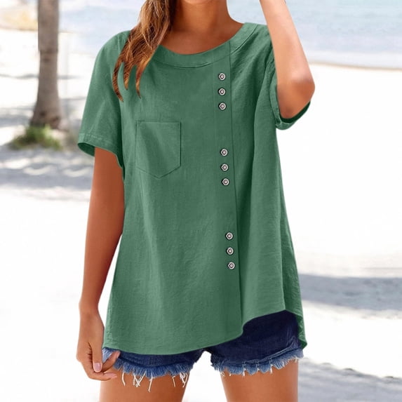 Conairie Women Linen Shirts Solid Short Sleeve Regular Fit Crew Neck Button Shirt Comfortable Soft Basic Work Tee Vacation Clothes Mint Green M