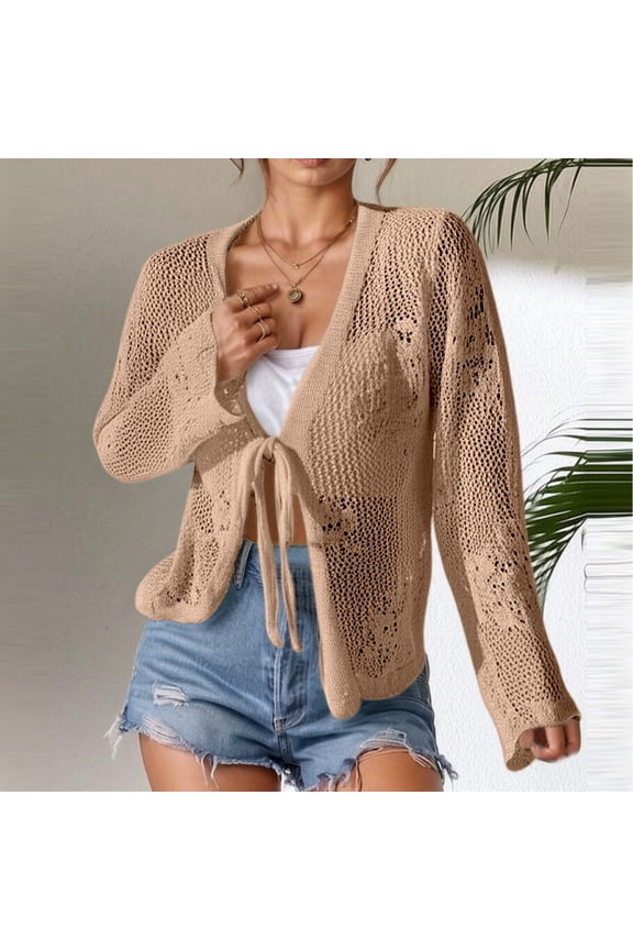 Women Long Sleeve Cardigans Summer Crochet Solid Color Tops Breathable Boho Beach Vacation Shirts Khaki S