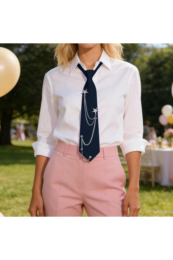 Women Men Tie Punk Metal Tie Y2k Star Necktie Clip on Ties for Uniform Party Wedding Business Accessory Navy One Size