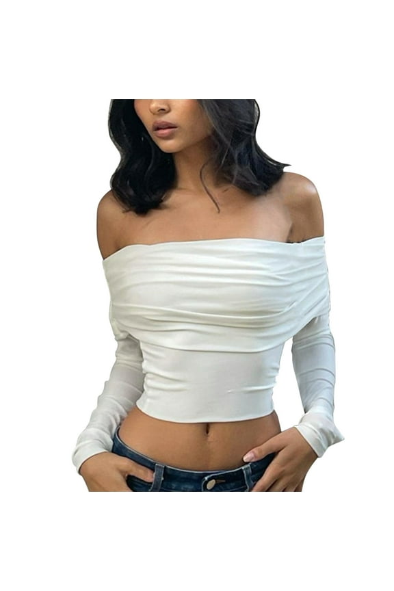 Women Off The Shoulder Tops Short Sleeve Solid Slim T-Shirt Breathable Fashion Tee Blouse Workout Clothes White L