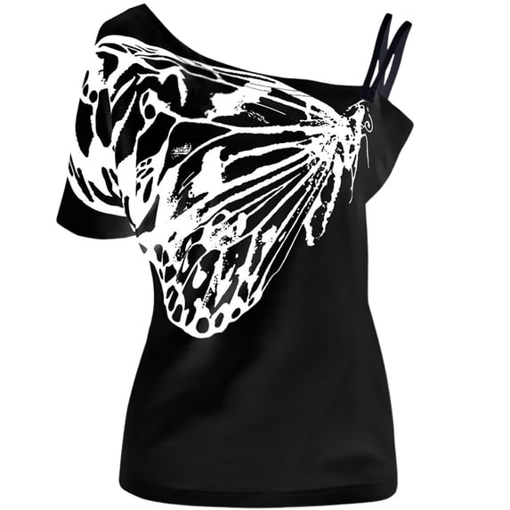Conairie Women Off The Shoulder Tops Slim Butterfly Print Short Sleeve T-Shirt Lightweight Soft Summer Outfits Clothes 2026 Beach Black L