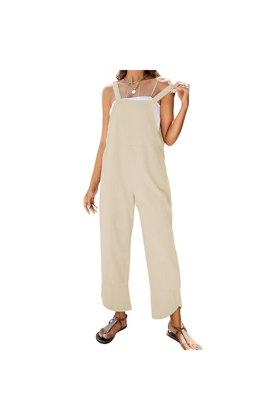 Women Overalls Plus Size Solid Color Comfy Adjustable Straps Jumpsuits Summer Baggy Pants With Pockets Beige L