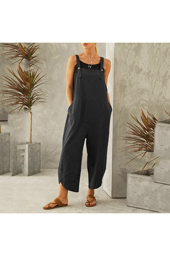 Women Overalls Solid Color Beach Vacation Trendy Jumpsuits One Piece Outfits With Pockets Black XL