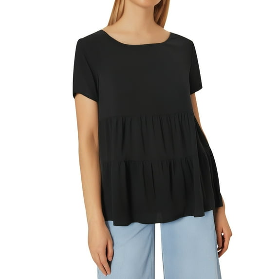 Conairie Women Oversized T Shirts Casual Loose Crew Neck Short Sleeve Tunic Tops with Ruffled Edge Trendy Dressy Breathable Blouses Pullover Outfits Black M
