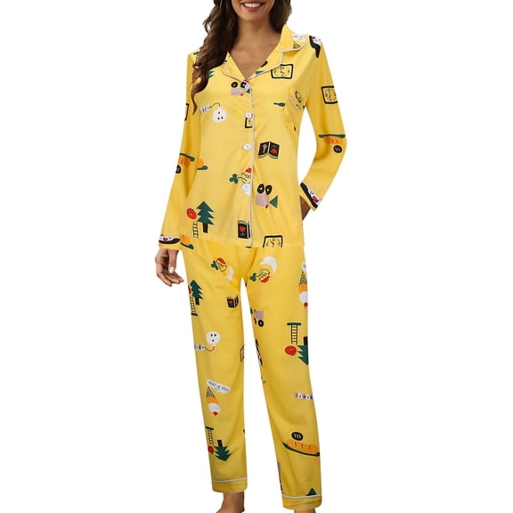 Conairie Women Pajamas Set Graphic Long Sleeve Tops and Pants Pj Set Button Collar Sleepwear Soft 2 Piece Nightwear Sets Light Yellow XL
