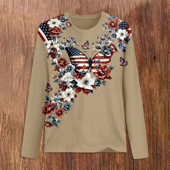Conairie Women Patriotic T Shirts Relaxed Fit Long Sleeve Crew Neck 4th of July Shirt With Letter Print Holiday Commemorative Tops Coffee XL