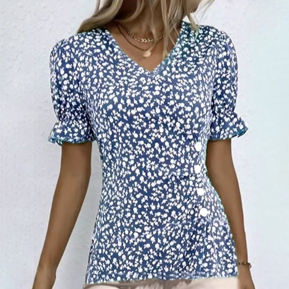 Conairie Women Puff Short Sleeve Tops Floral Print Slim Crew Neck T ...