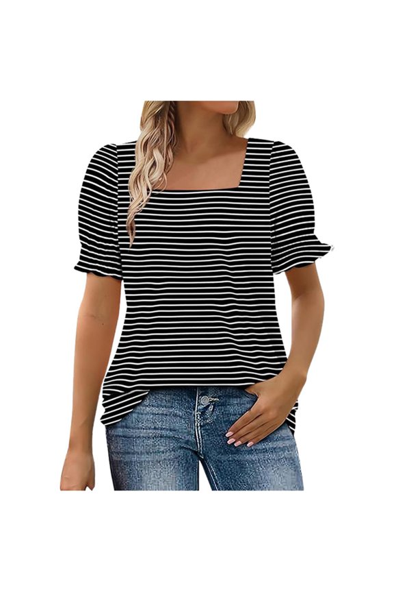 Women Puff Short Sleeve Tops Solid Loose Square Neck T Shirts Breathable Classic Dressy Casual Tee Black L