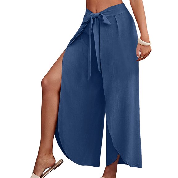 Conairie Women Solid High Waist Side Split Wide Leg Pants with Belt Bohemian Long Trousers Blue XXL