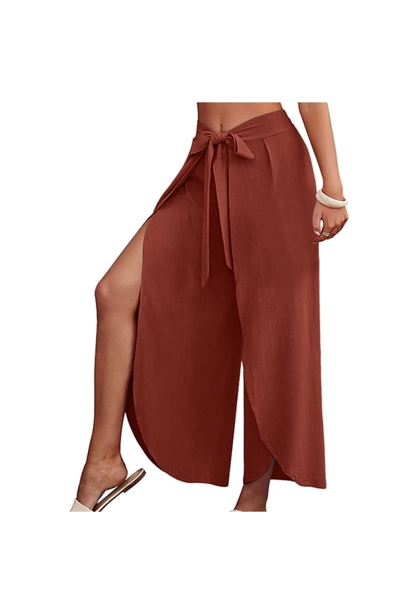 Women Solid High Waist Side Split Wide Leg Pants with Belt Bohemian Long Trousers Orange S