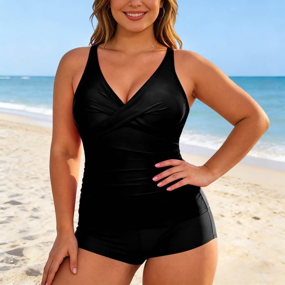 Conairie Women Tankini Sets High Waisted Swimsuit Two Piece Plus Size Tummy Control Bathing Suit Tops And Boyshort Solid Color Beach Comfortable Swimwear Black XXXL