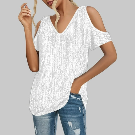 Conairie Women V Neck T Shirts Solid Loose Short Sleeve Shirts Comfy Soft Blouses Pullover Outfits White M