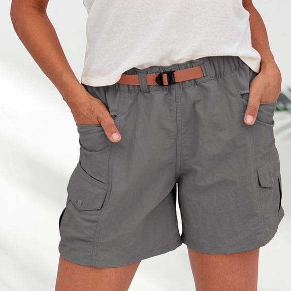 Conairie Women's Belted Cargo Shorts Solid Color Drawstring Utility Casual Summer Shorts with Pockets Grey XXL