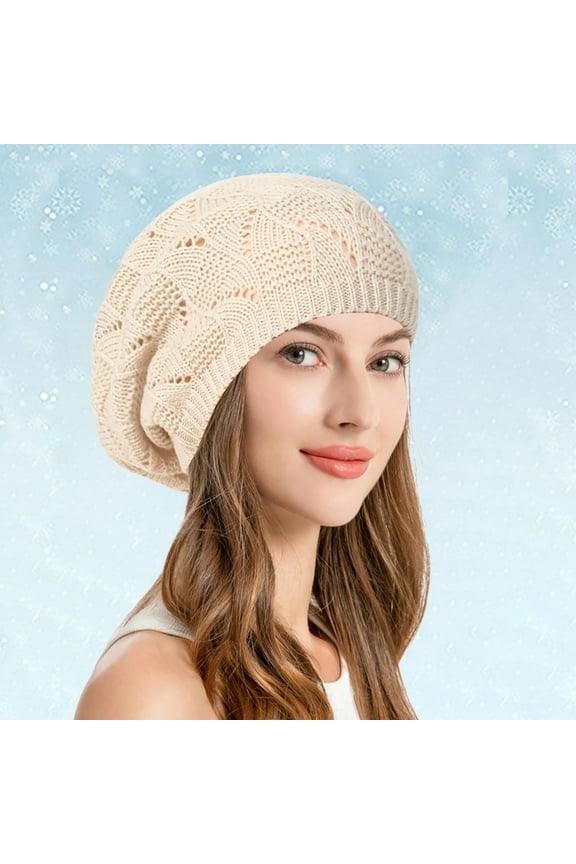 Women's Beret Hat Winter Lace Pattern Painter Cap Slouchy Beanie Soft Lightweight Skull Cap Cutout Stretch Knit Hat Beige