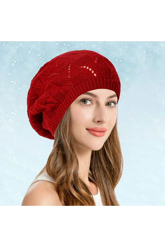 Women's Beret Hat Winter Lace Pattern Painter Cap Slouchy Beanie Soft Lightweight Skull Cap Cutout Stretch Knit Hat