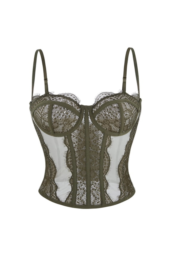 Women's Bustier Corset Top Lace Boned Solid Color Spaghetti Strap Fitted Mesh Bonded Party Going Out Cami Tops Army Green M