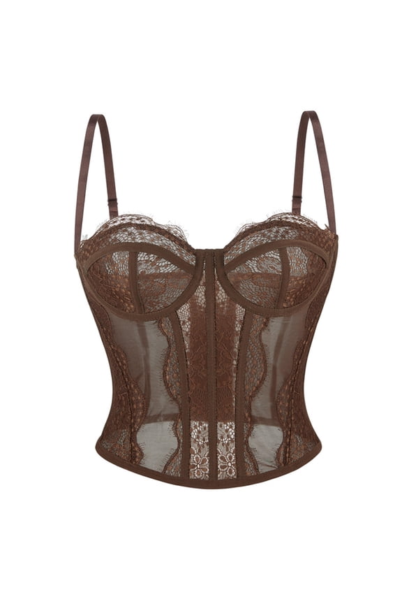 Women's Bustier Corset Top Lace Boned Solid Color Spaghetti Strap Fitted Mesh Bonded Party Going Out Cami Tops Coffee XL