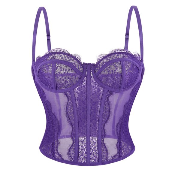 Conairie Women's Bustier Corset Top Lace Boned Solid Color Spaghetti Strap Fitted Mesh Bonded Party Going Out Cami Tops Purple XS