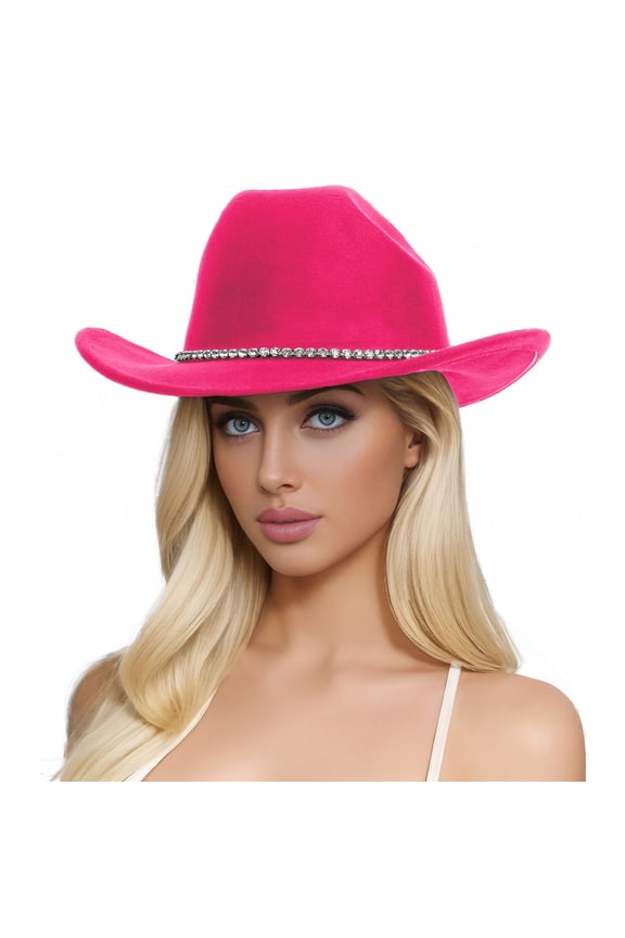 Women's Classic Flat Top Cowboy Hat Wide Brim Felt Western Style Summer Outdoor Sun Protection Fedora Cap Hot Pink