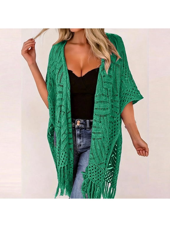 Women's Crochet Cardigan Open Front Kimonos Fringe Hollow Out Long Boho Sweater Cover Up Black One Size