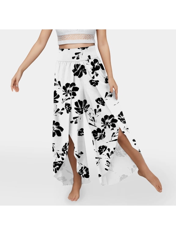 Women's Floral High Waist Split Wide Leg Palazzo Pants Bohemian Loose Trousers Black XL