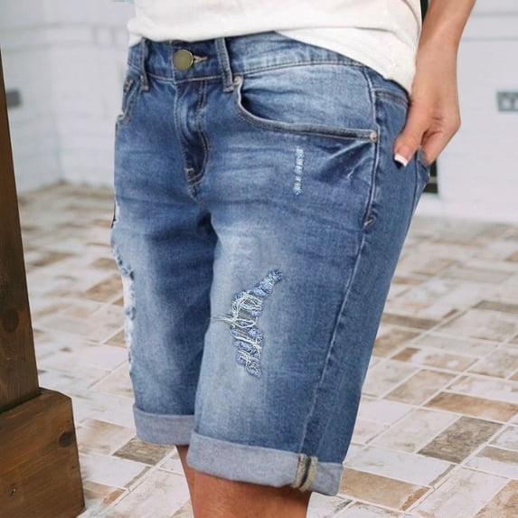Conairie Women's Ripped Denim Shorts Summer Distressed Casual High Waist Jeans Blue L