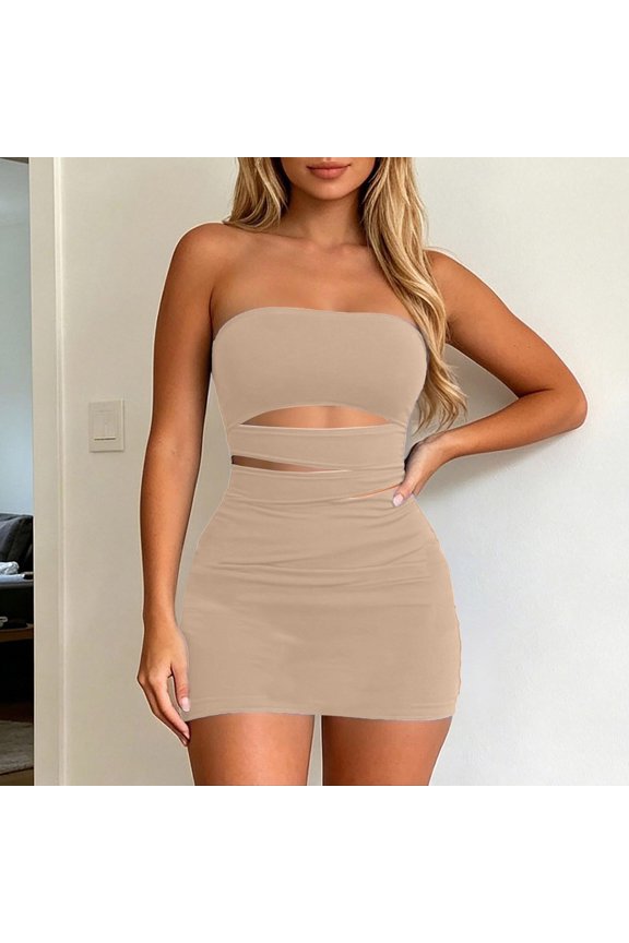 Women's Slim Fit Mini Dresses 2026 Summer Hollowed out Club Night out Party Dress Casual Solid Strapless Tube Short Bodycon Dress Khaki S