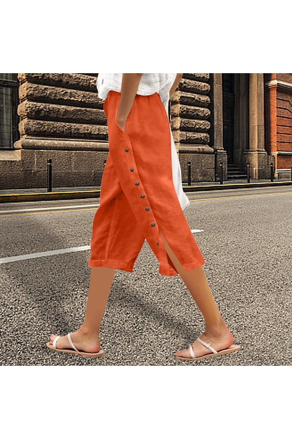 Women's Solid Elastic Waist Button Side Open Cropped Pants 7/8 Functional Casual Orange M