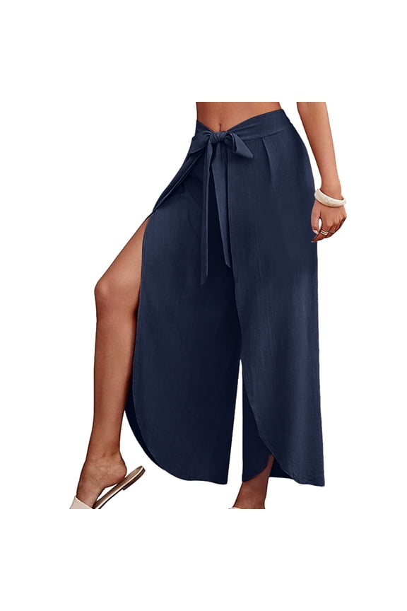 Women's Solid High Waist Side Split Wide Leg Pants with Belt Bohemian Long Trousers Navy S