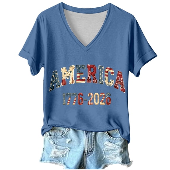 Conairie Womens 250 Anniversary USA Shirt American Falg Graphic V Neck Patriotic 1776-2026 July 4th T Shirts Casual Short Sleeve Holiday Commemorative Tops Navy XXL