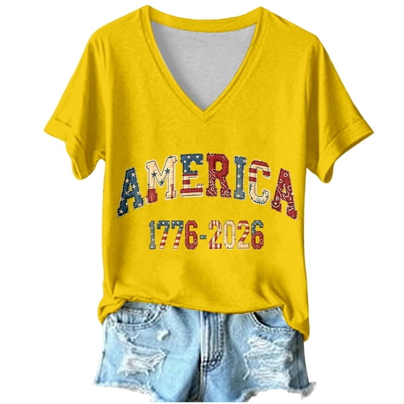 Conairie Womens 250 Anniversary USA Shirt American Falg Graphic V Neck Patriotic 1776-2026 July 4th T Shirts Casual Short Sleeve Holiday Commemorative Tops Yellow XL