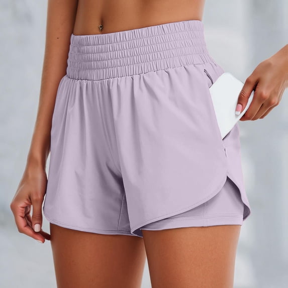 Conairie Womens Athletic Shorts Loose Quick Dry Elastic High Waisted Yoga Shorts with Built-In Liner Comfortable Summer Sport Shorts with Pockets Purple L