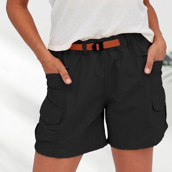 Conairie Womens Belted Cargo Shorts Solid Color Drawstring Utility Casual Summer Shorts with Pockets Black XXL